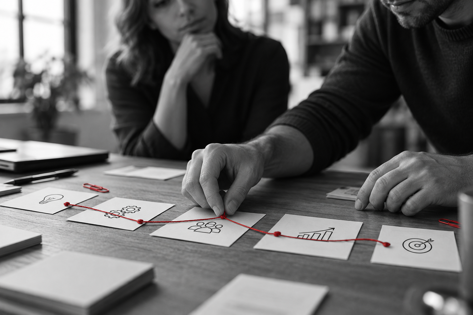 A connected business process mapped with a red thread