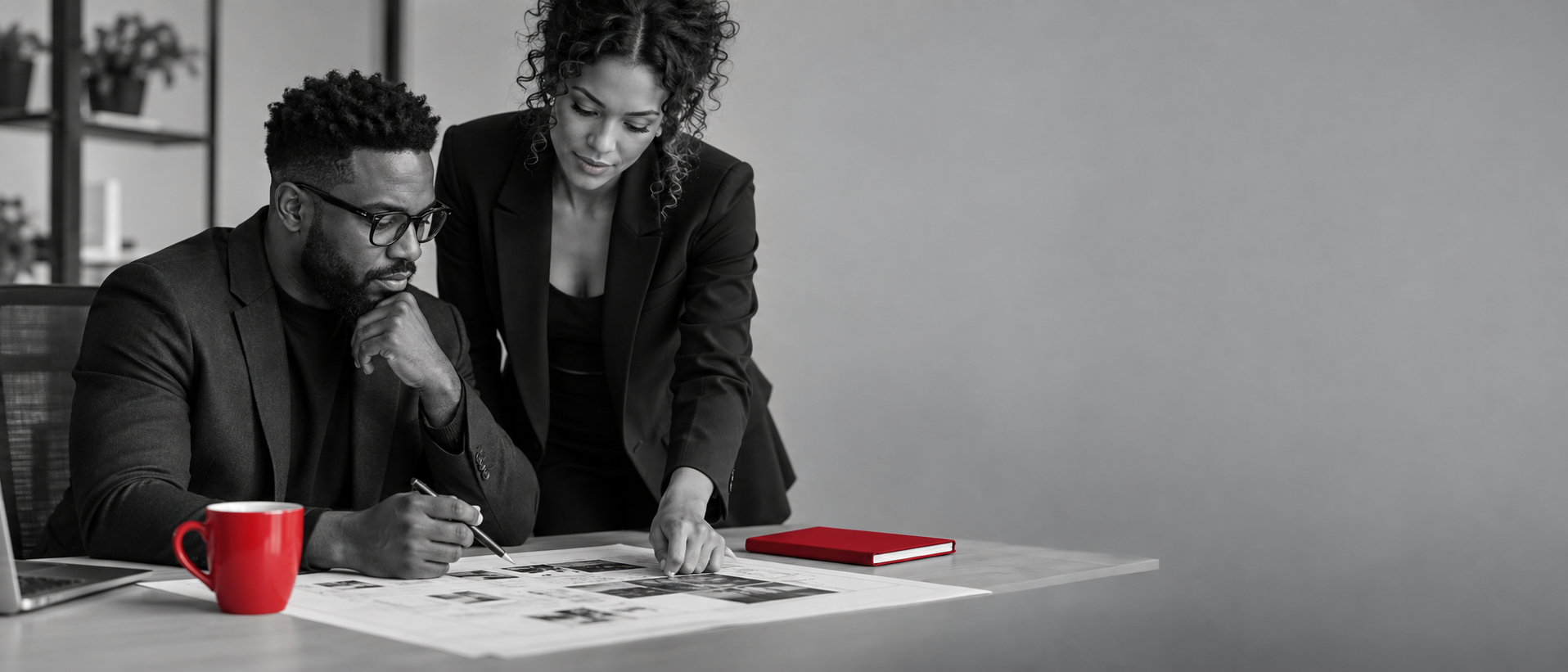 Two colleagues reviewing website plans together