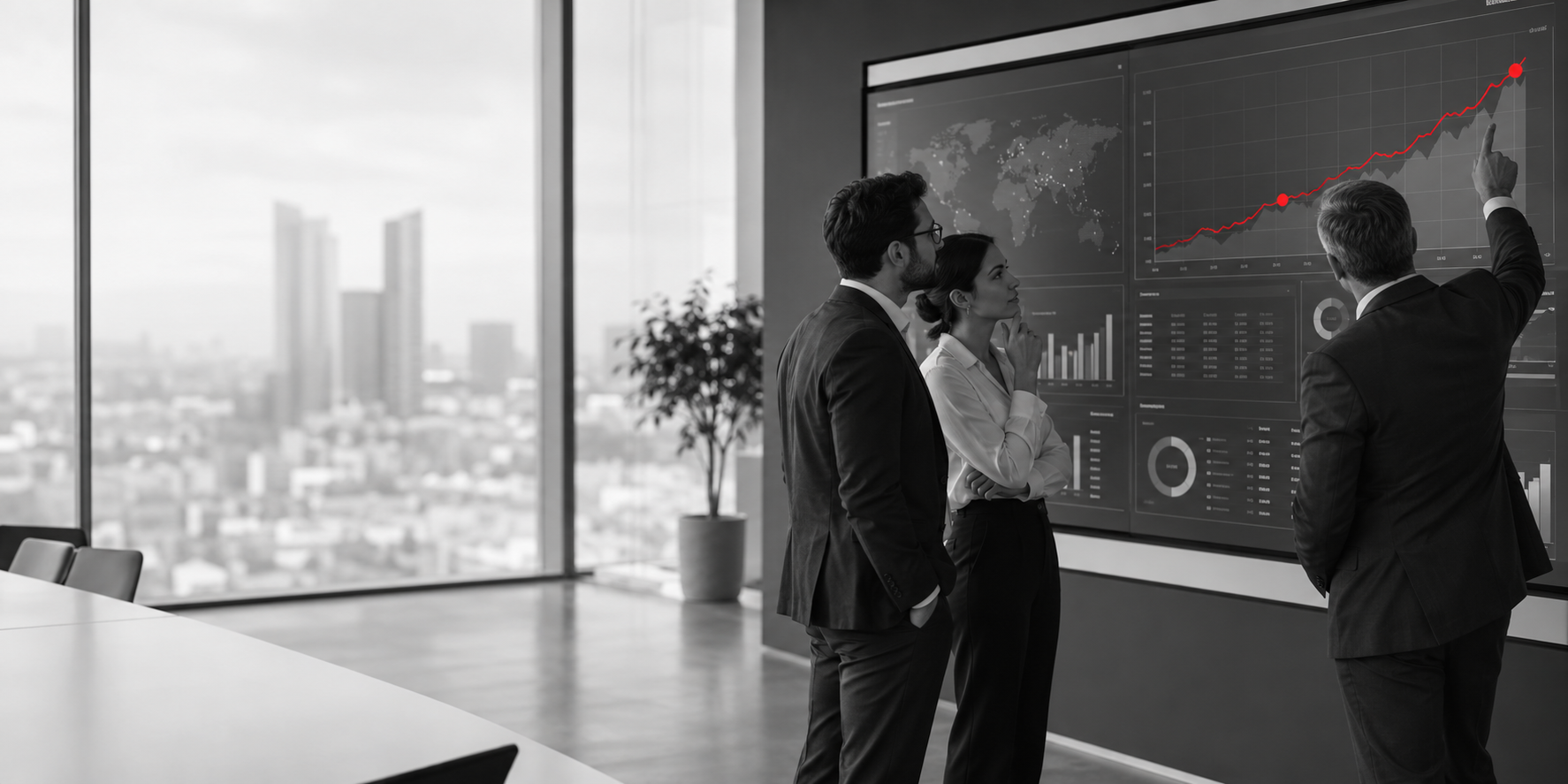 Team reviewing growth data on a large analytics display