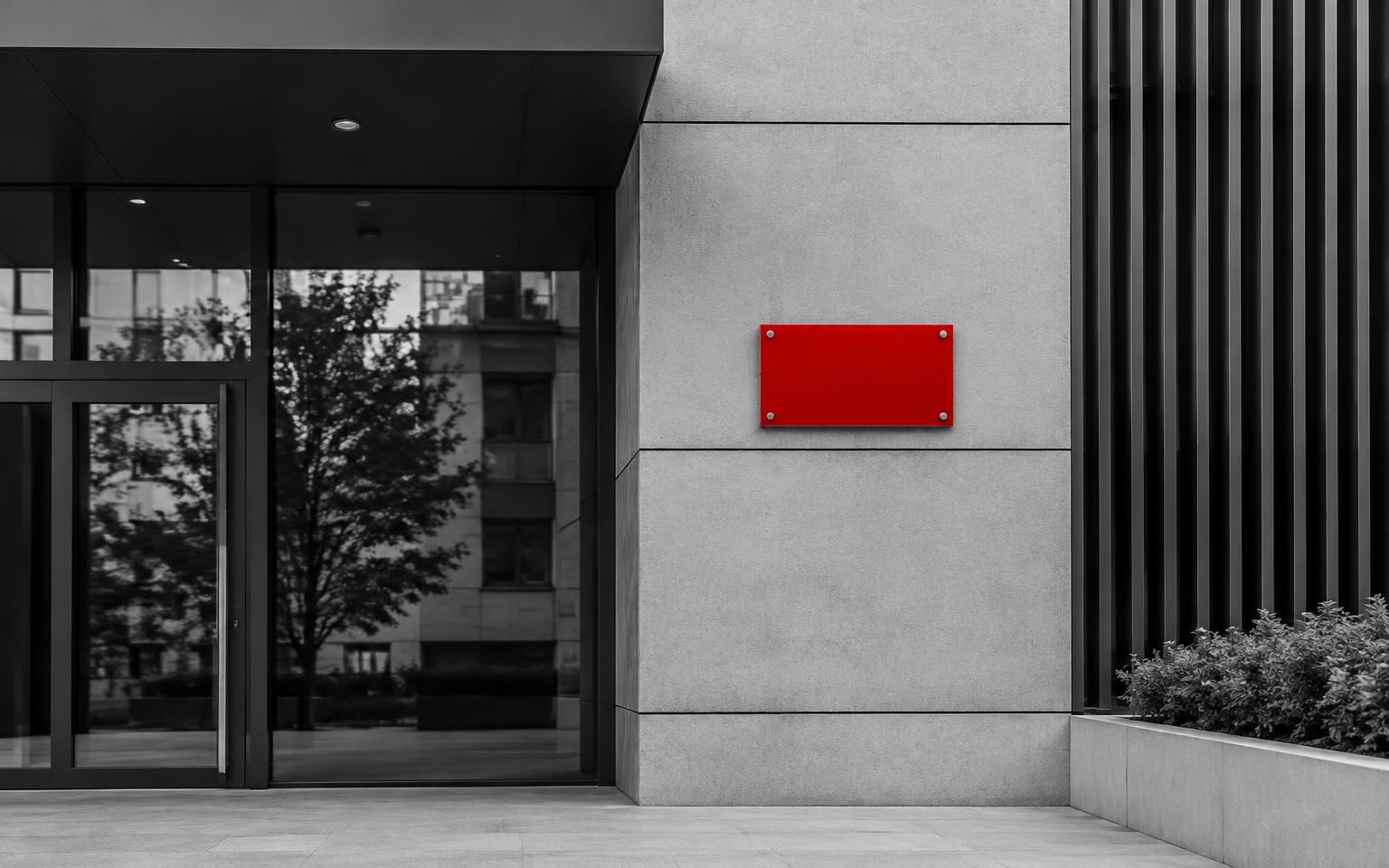 Monochrome street sign with a red address plate