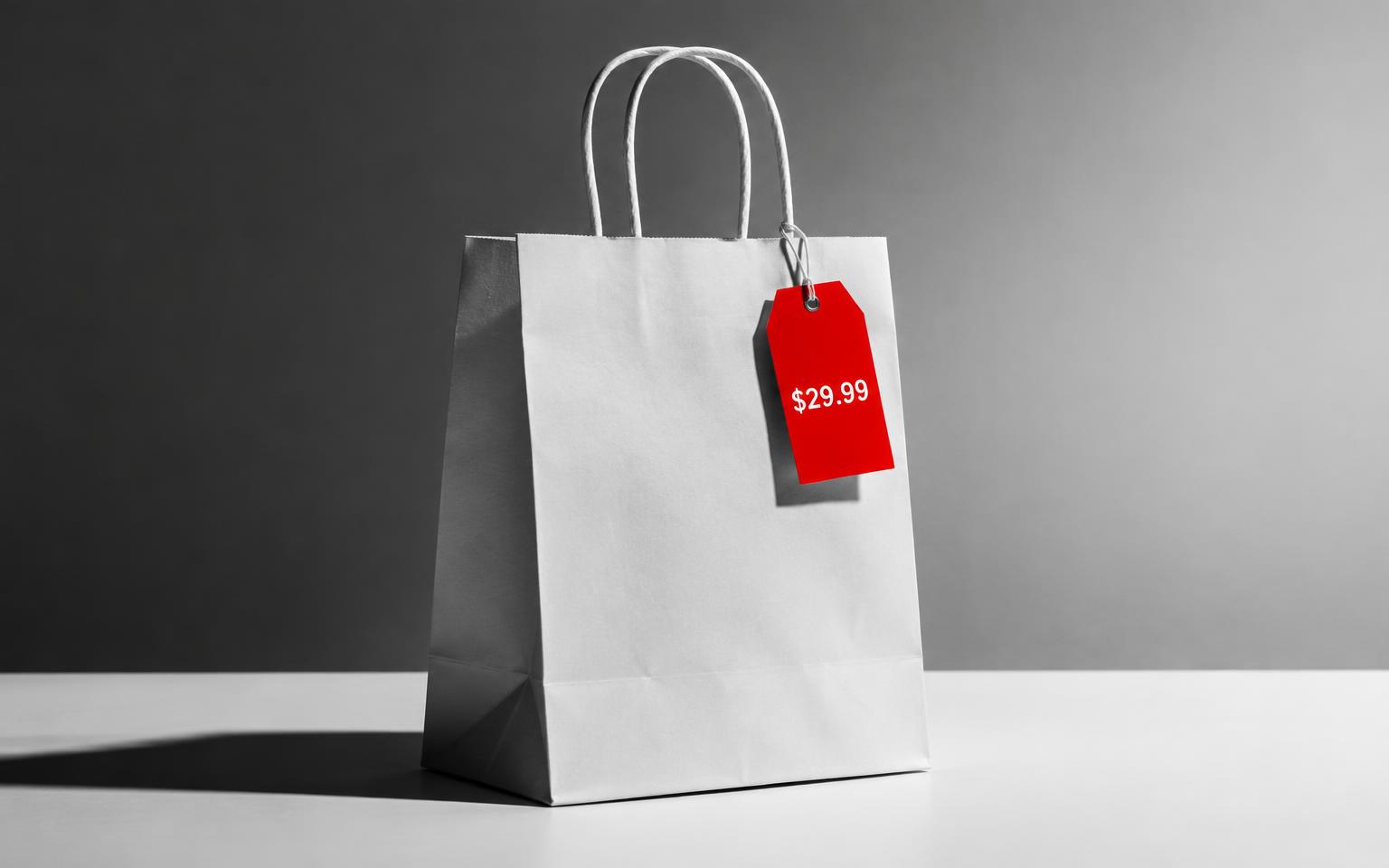 Black and white shopping bag with a red tag