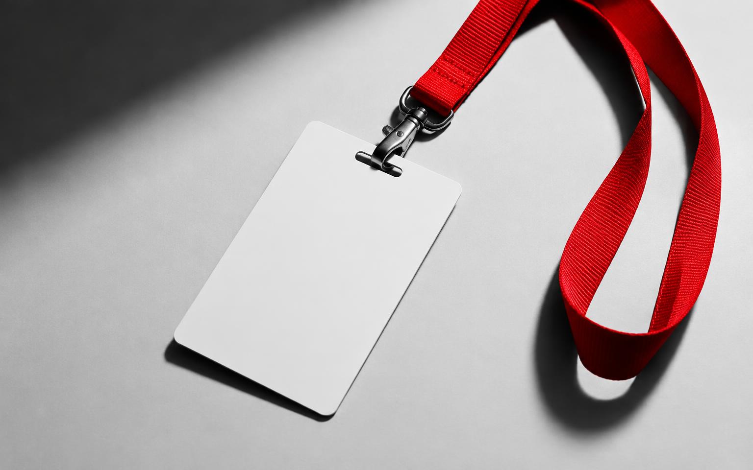 Black and white key card with a red lanyard