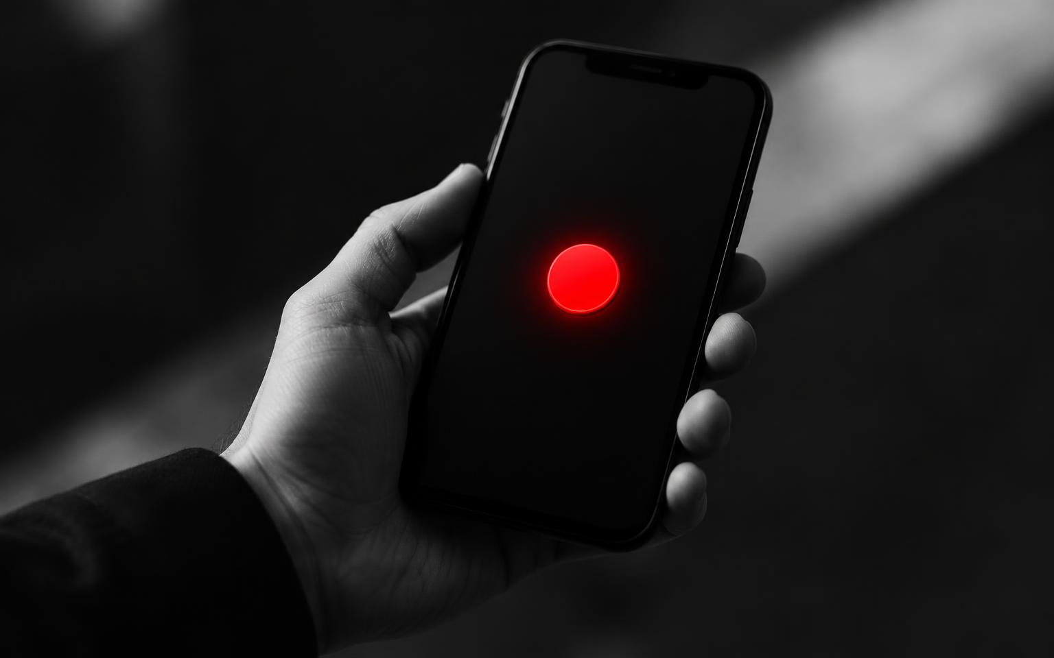 Hand holding a smartphone in black and white with a red button on screen