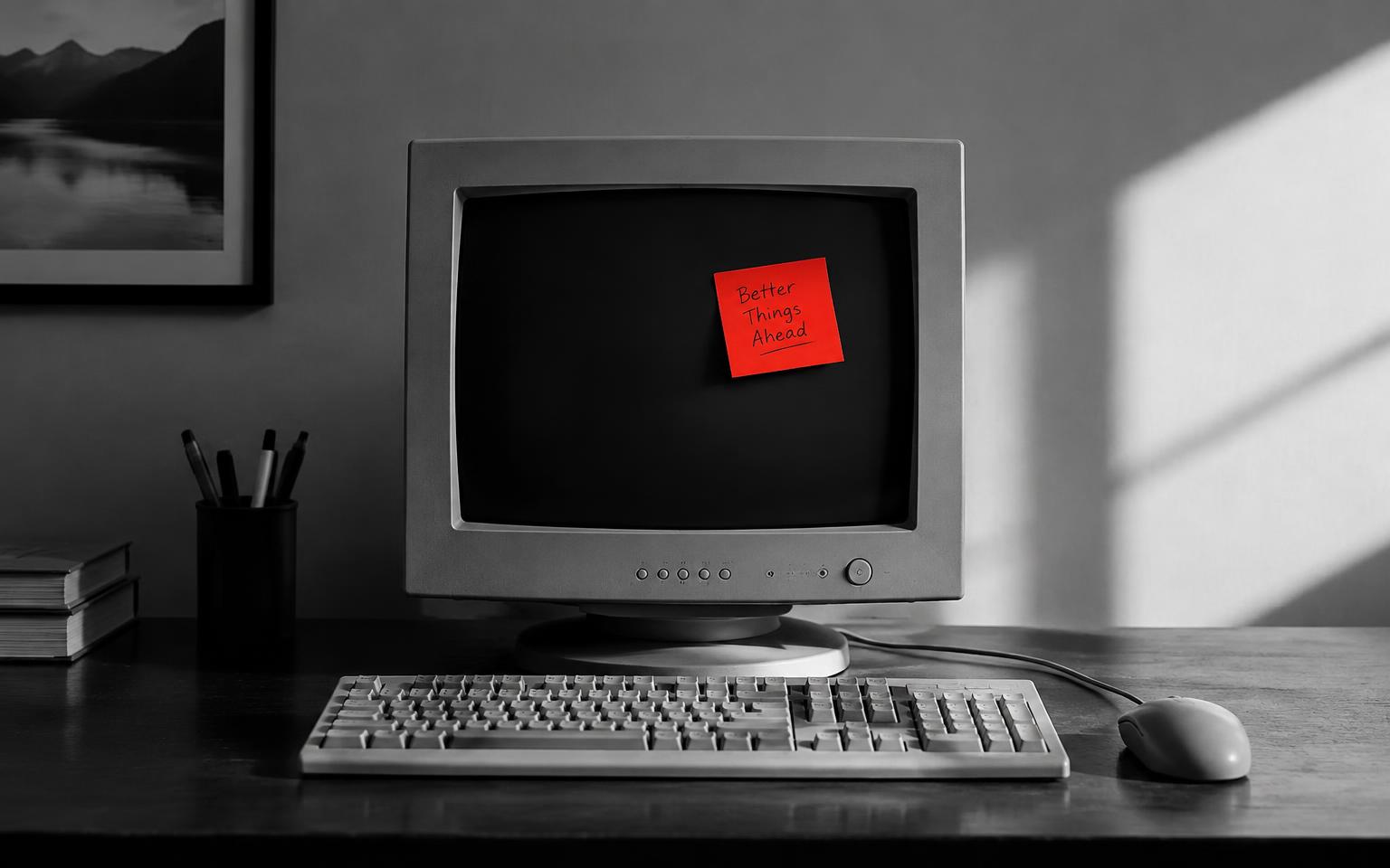 Monochrome old monitor with a red warning sticker