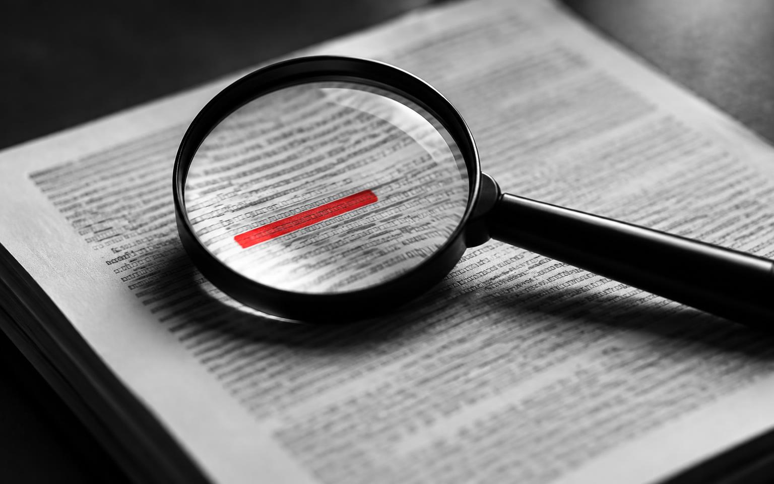 Magnifying glass in monochrome over a page with a red highlighted word