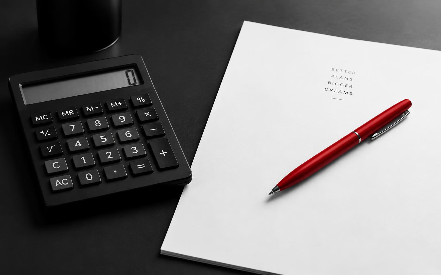 Black and white desk with calculator and a red pen