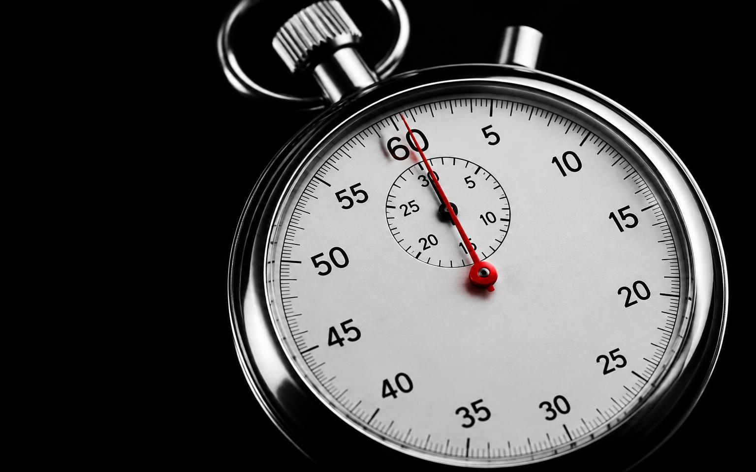 Black and white stopwatch with a red second hand